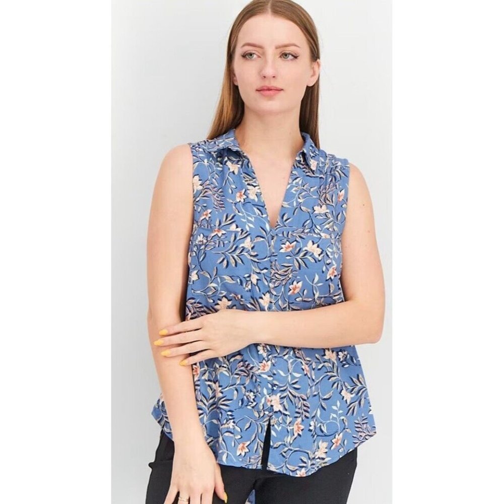 Cooper & Ella Women Spread Collar Sleeveless Floral Print Top Blue Size XL